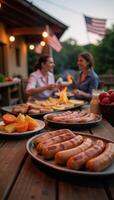 Vibrant Summer Barbecue Scene Grilling Sausages Festive Lights Flags Joyful Atmosphere Perfect for Friendly Gatherings photo