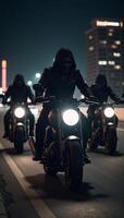 Three sinister riders on motorcycles under a foreboding night sky exuding an air of mystery and danger photo