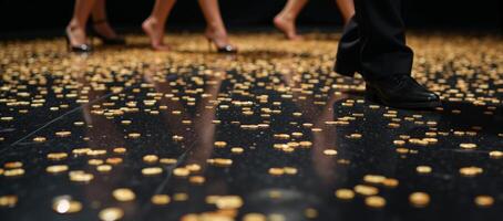 A luxuriant black dance floor sparkles with golden confetti photo