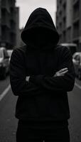 A Matrixinspired digital illustration showcases a hooded hackers silhouette with patterned detailing photo