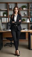 Successful beautiful businesswoman depicted standing confidently within an office arms folded photo