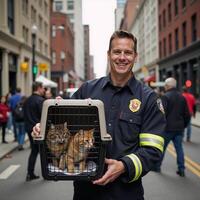 Firefighter beams while holding rescued cats in a pet carrier photo