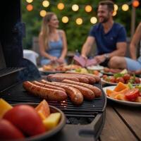 Vibrant Summer Barbecue Scene Grilling Sausages Festive Lights Flags Joyful Atmosphere Perfect for Friendly Gatherings photo