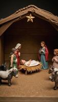 A charming Christmas Nativity scene bathed in warmth featuring farm animals symbolizes the essence of holiday spirit tradition photo