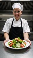 A vibrant professionalkitchen scene showcases a skilled chef proudly presenting a colorful delicious salad platter to delight foodies photo