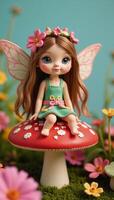 A whimsical fairy sits atop a red mushroom adorned with floral crown photo