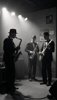 A blackandwhite image depicting a 1930sstyle jazz band performing in a smoky nightclub photo