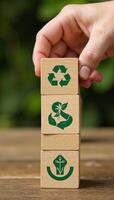 Handstacking wooden blocks with ecofriendly green symbols signifies commitment to sustainable living in surreal softgreen illustration photo