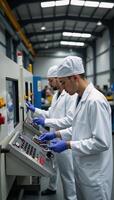 Scientists optimize CNC machine settings for production within an industrial manufacturing facility wearing protective gear photo