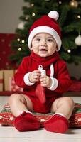 Infant dressed for Christmas with festive attire photo