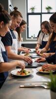 A diverse culinary team cooks up a feast at an elite cooking school photo
