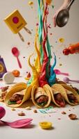 A chaotic scene unfolds with a swirl of colorful food wrappers and tacos photo
