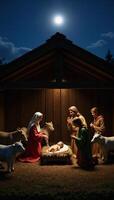 A tranquil nativity scene with baby Jesus animals and the traditional manger beneath twinkling stars photo
