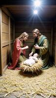 Nighttime scene featuring the Holy Family within a manger surrounded by animals and illuminated by a shining star photo