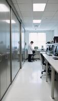 Modern science lab filled with cabinets desks tech gear tools for analysis photo