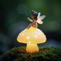 A fairy perched atop a mushroom with a glittering magic wand amidst sparkling starry backdrop photo