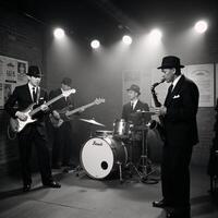 A blackandwhite image depicting a 1930sstyle jazz band performing in a smoky nightclub photo