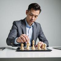 Businessman making strategic moves with chess pieces signifying business planning and decisionmaking photo