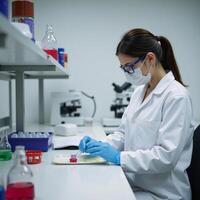 A scientist conducts research in a sterile lab environment while carefully mixing chemicals photo