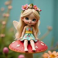 A whimsical fairy sits atop a red mushroom adorned with floral crown photo