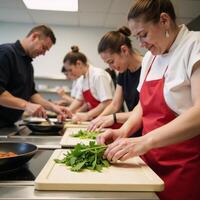 A bustling kitchen during an active cooking class featuring interacting participants engaged instructors photo