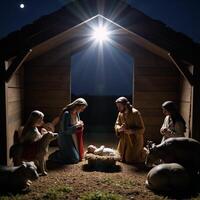 A tranquil nativity scene with baby Jesus animals and the traditional manger beneath twinkling stars photo