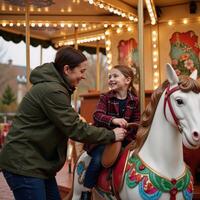 Carousel operator assisting kids on vibrant horses near festively adorned carousel during holiday season photo