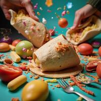 A chaotic scene unfolds with a swirl of colorful food wrappers and tacos photo