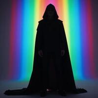 Figure in backlit setting against radiant rainbow backdrop dressed in hooded cape photo