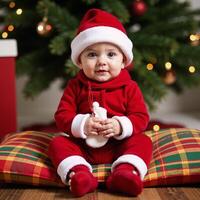Infant dressed for Christmas with festive attire photo