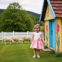 Whimsical illustration Girl with sheep by a colorful countryside home photo