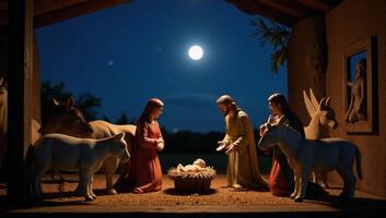 A tranquil nativity scene with baby Jesus animals and the traditional manger beneath twinkling stars photo