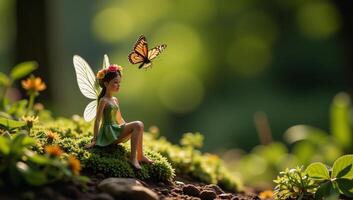 Fairy sitting on ground with flower crown Butterfly hovering overhead photo