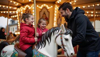 Carousel operator assisting kids on vibrant horses near festively adorned carousel during holiday season photo