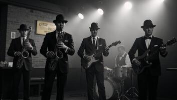 A blackandwhite image depicting a 1930sstyle jazz band performing in a smoky nightclub photo