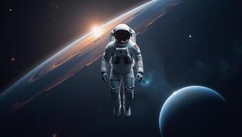 An astronaut floats in 3D rendered outer space photo