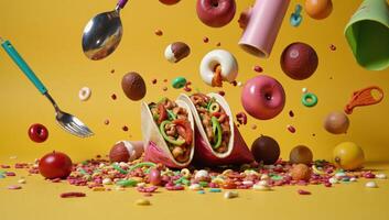 A chaotic scene unfolds with a swirl of colorful food wrappers and tacos photo