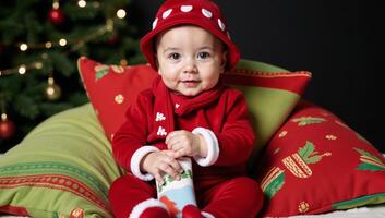 Infant dressed for Christmas with festive attire photo