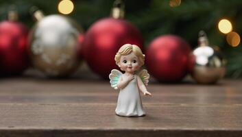 A cute little Christmas Angel is perched upon a wooden table with festive backdrop of blurred Christmas decorations photo