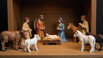 A charming Christmas Nativity scene bathed in warmth featuring farm animals symbolizes the essence of holiday spirit tradition photo