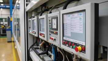 Industrial control panel within a factory showcasing rows of buttons gauges and monitors displaying data amidst metallic framing and wires photo