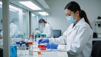 A scientist conducts research in a sterile lab environment while carefully mixing chemicals photo