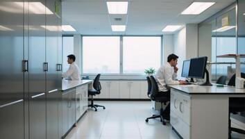 Modern science lab filled with cabinets desks tech gear tools for analysis photo