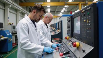 Scientists optimize CNC machine settings for production within an industrial manufacturing facility wearing protective gear photo