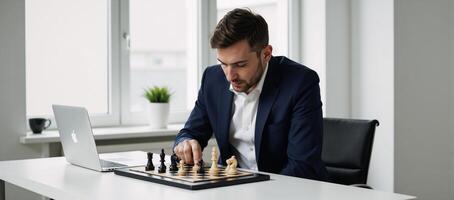 Businessman making strategic moves with chess pieces signifying business planning and decisionmaking photo