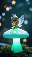 A fairy perched atop a mushroom with a glittering magic wand amidst sparkling starry backdrop photo