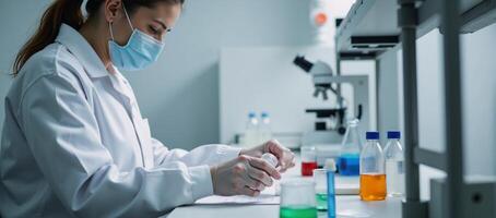 A scientist conducts research in a sterile lab environment while carefully mixing chemicals photo