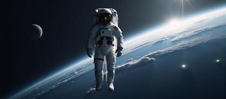 An astronaut floats in 3D rendered outer space photo