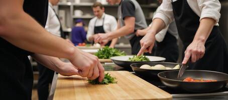 A bustling kitchen during an active cooking class featuring interacting participants engaged instructors photo