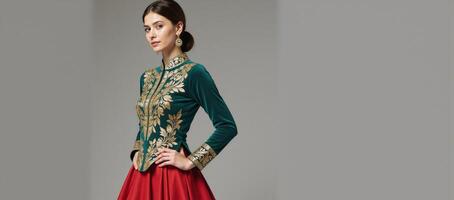 A traditionallydressed woman sporting an ornate goldembroidered teal top with a red skirt photo